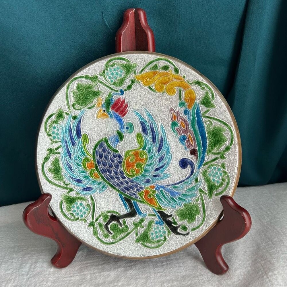 Japanese Cloisonne Phoenix Peacock Rooster Bird Plate